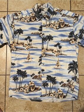 Pierre Cardin Blue & White Tropical Print Short-Sleeve Shirt